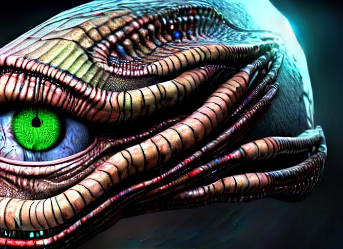Image similar to hyperrealism, detailed textures, photorealistic 3 d render, an alien with crimsom coloured eyes in a super star system from 5 million years ago, sharp focus, ultra realistic, ultra high pixel detail, cinematic, intricate, cinematic light, concept art, illustration, art station, unreal engine 8 k