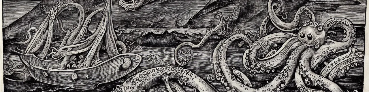 Image similar to Elaborate wallpaper print of Giant Squid with big eyes and knobby tentacles attacking a ship in the Waves in the style of Albrecht Durer and Martin Schongauer, high contrast finely carved woodcut black and white crisp edges