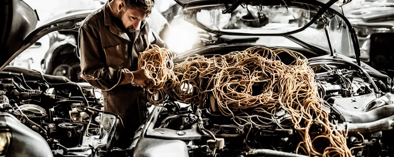 Image similar to a mechanic working on a car, with an engine made of spaghetti, facial expression, canon 5 0 mm, cinematic lighting, photography, retro, film, kodachrome, closeup