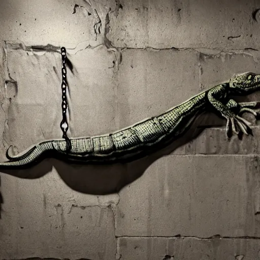 Image similar to a photograph of a gigantic lizard monster chained up in the concrete basement cellar