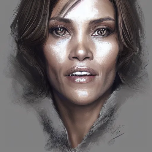 Image similar to portrait of maci holloway, first woman elected as president in usa, cold but beautiful, about 3 5 years old, highly detailed, mix of halle berry and julia roberts, gong li, olga kurylenko, artstation hd, deviantart, by artgem, greg rutkowski