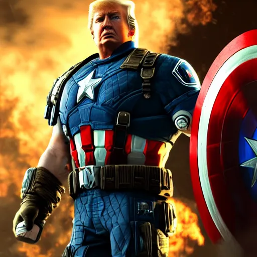 Image similar to portrait of donald trump as captain america in gears of war, splash art, maga, patriot, movie still, cinematic lighting, dramatic, glowing, ray tracing, octane render, long lens, shallow depth of field, bokeh, anamorphic lens flare, 8 k, hyper detailed, 3 5 mm film grain