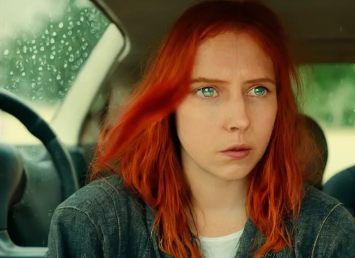 Image similar to A very high resolution image from a new movie, inside of a car, teen red hair woman, raining, hot, directed by wes anderson