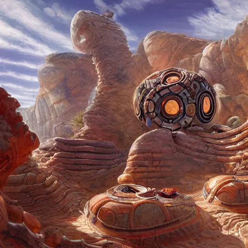 Prompt: a gigantic paleolothic torus made of stone with highly detailed carvings of intricate shamanic robotic electronics and circuitry, in a mediterranean lanscape, inside a valley overlooking the sea, in the style of andreas rocha