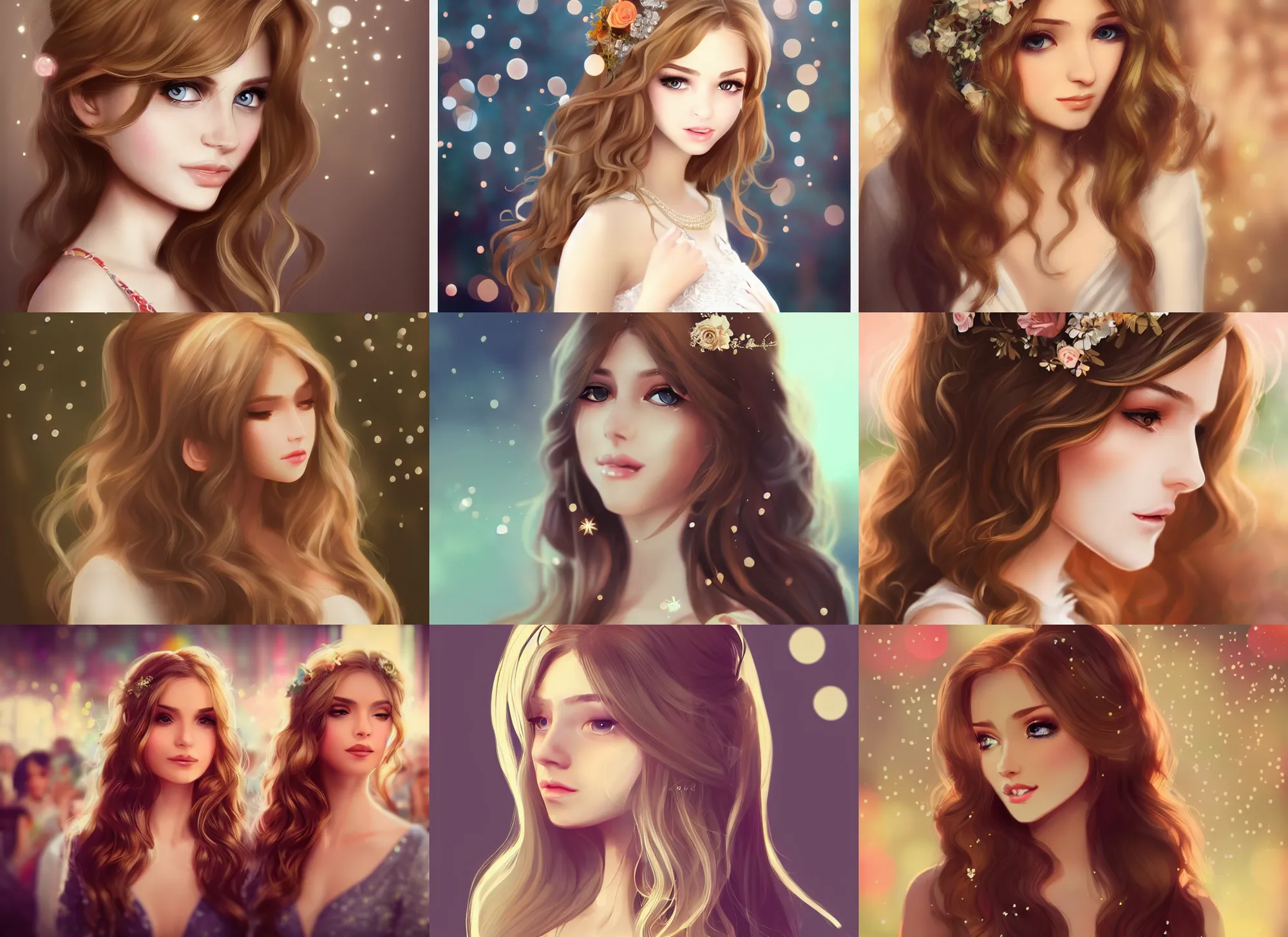 Image similar to a beauty with blonde wavy long hair and brown eyes and babyface attending weddings become the focus of the audience, bokeh, artstation