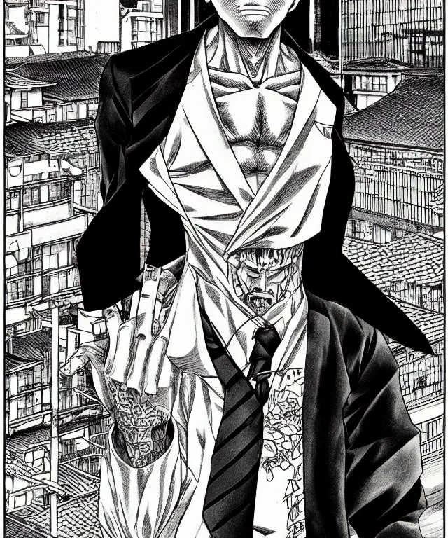 Image similar to A manga cover about a shaved-headed scarred solo yakuza standing on the sidewalk. Sharp high quality manga cover, fine details, straight lines, architecture in the background, masterpiece, art, highly detailed drawing by Hirohiko Araki, Akatsuki Akira, Kentaro Miura