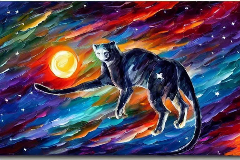 Image similar to the night sky, stars forming the shape of a cougar, dull colours, sky focus, night time, trending on artstation, artwork by leonid afremov