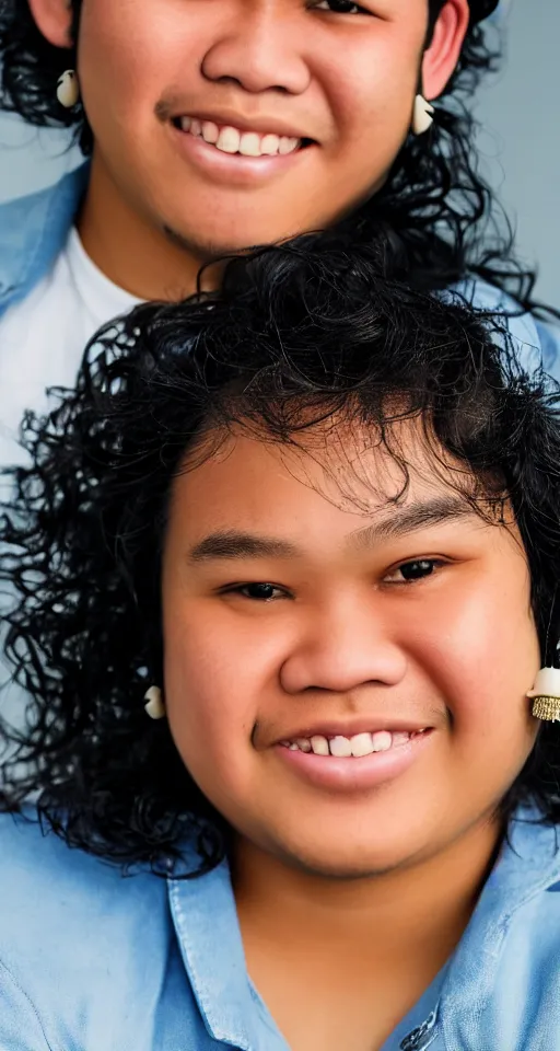 Image similar to close up photograph of a single fat filipino teenage boy smiling with crooked teeth, with a curly perm, and with small studded earings, 4 k, photorealistic, high detail by annie leibovitz