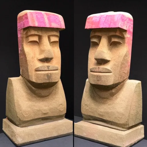 Image similar to moai head with pink hair