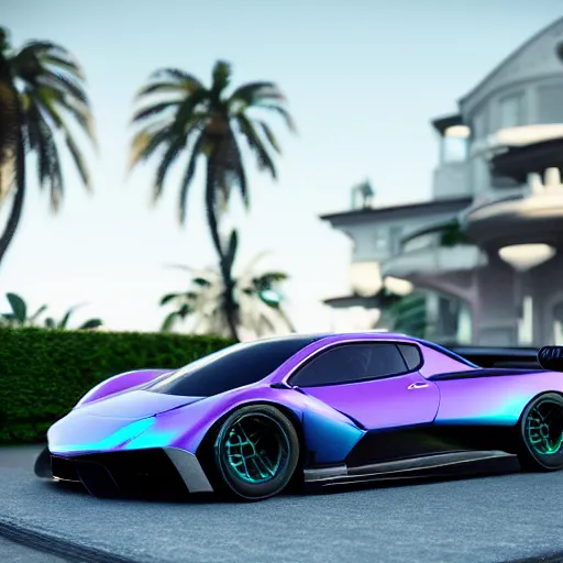 Prompt: iridescent pearl colored supercar, black spoiler, white rims, purple tinted windows, mansion in background, 8 k, octane render, ultra detailed, intricate