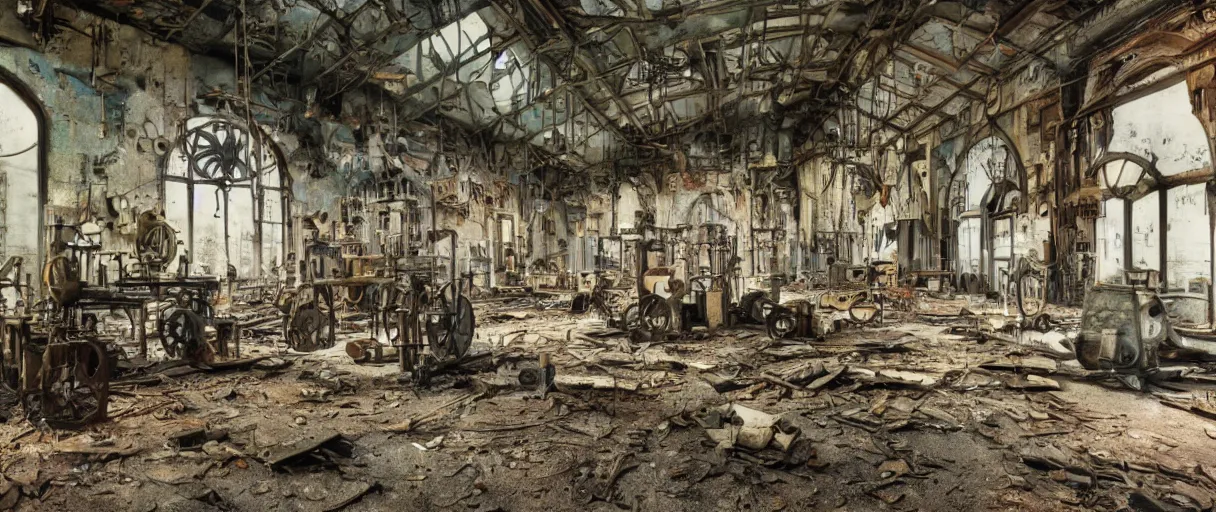 Prompt: movie still 4 k uhd 3 5 mm film color photograph of an abandoned steampunk workshop full of xix century differential machines