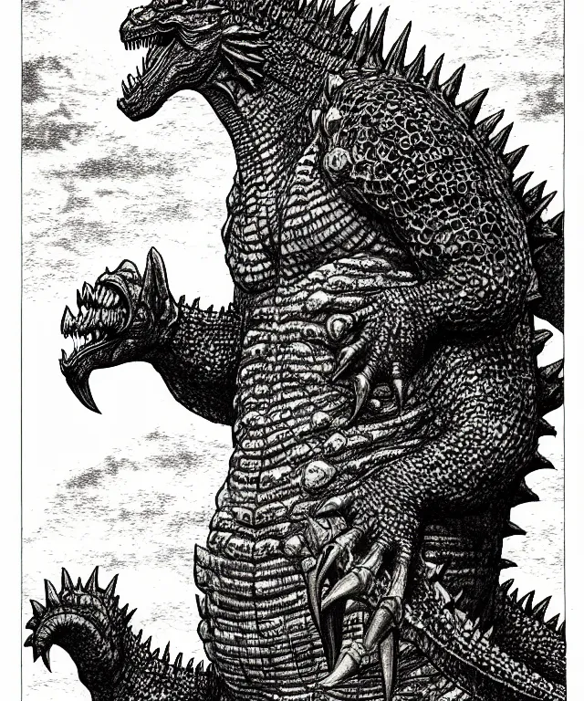 Image similar to godzilla as a d & d monster, full body, pen - and - ink illustration, etching, by russ nicholson, david a trampier, larry elmore, 1 9 8 1, hq scan, intricate details, stylized border