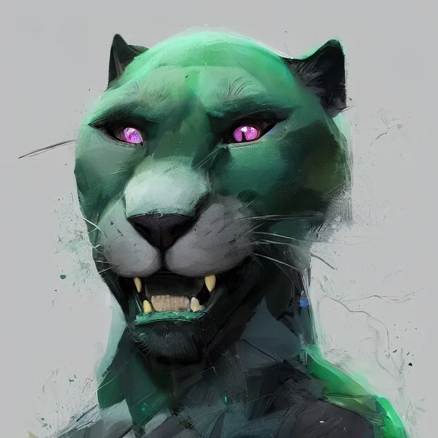 Image similar to a beautiful painting of a handsome anthropomorph dark gray panther fursona. green and black human hair on the head. disney character design by cory loftis, fenghua zhong, ryohei hase, ismail inceoglu and ruan jia. artstation, volumetric light, detailed, photorealistic, rendered in octane