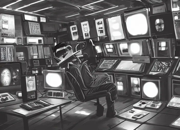 Prompt: a man sitting on a chair with things attached to his head, screens and monitors in front of him playing videos, ship interior, narrow hallway, scifi, dramatic lighting, dark, spotlight, surreal, by rutkowski, fuji choko