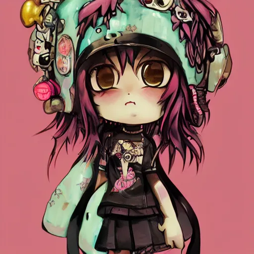 Image similar to portrait of a grungy skull anime and chibi very cute doll by super ss, cyberpunk fashion, nendoroid, kawaii, curly pink hair, night sky, looking up, swirly clouds, neon yellow stars, by wlop, james jean, victo ngai, muted colors, highly detailed