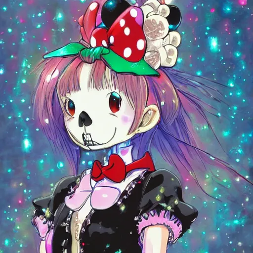 Image similar to manga fine details portrait of joyful skull girl skeleton, minnie mouse, bokeh. anime masterpiece by Studio Ghibli. 8k render, sharp high quality anime illustration in style of Ghibli, artstation