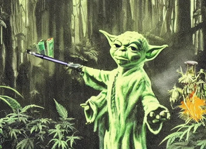 Image similar to vintage travel advertisement dagobah, of yoda smoking a huge joint, surrounded by cannabis plants