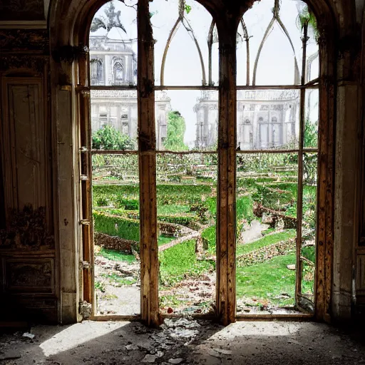 Prompt: inside opulent abandoned overgrown Palace of Versailles ,rplants growing through the floors and walls, walls are covered with vines, dusty golden volumetric light shines through giant broken windows, rich with epic details