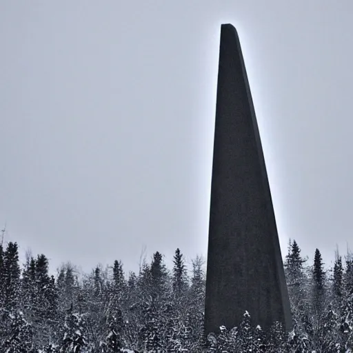 Image similar to a monolithic obelisk towering over a mountain in a taiga. overcast sky, grainy, snowing.