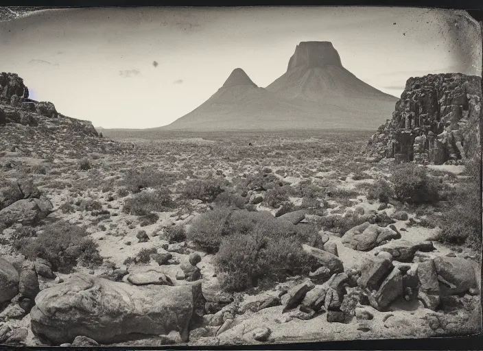 Prompt: View of a gigantic tepuy in grassy desert, with rocks and boulders at the bottom of it, albumen silver print, Smithsonian American Art Museum