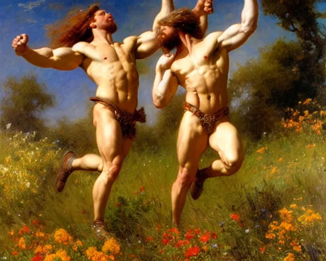 Prompt: muscular hercules and muscular achilles frolic in a meadow of beautiful flowers, a pegasus soars above them, painting by gaston bussiere, craig mullins, j. c. leyendecker,