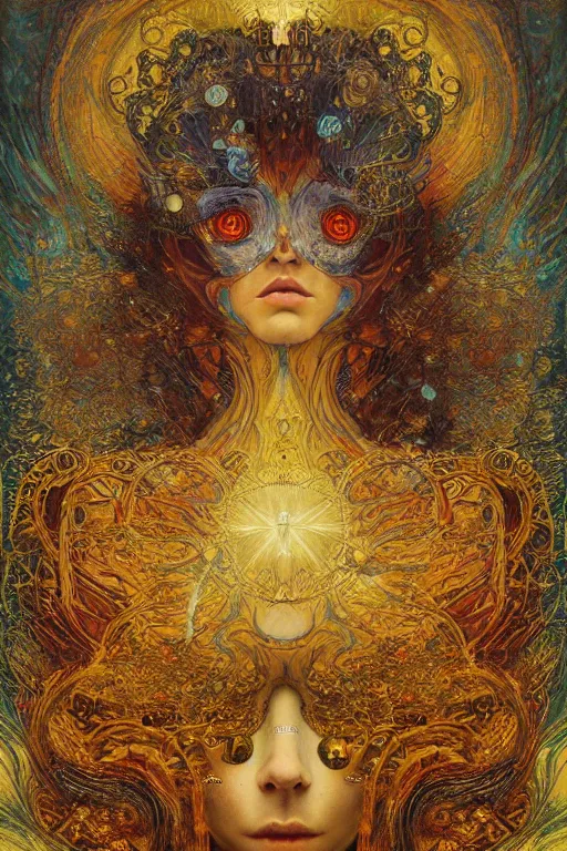 Image similar to Divine Chaos Engine by Karol Bak, Jean Deville, Gustav Klimt, and Vincent Van Gogh, beautiful visionary mystical portrait, sacred, otherworldly, fractal structures, ornate gilded medieval icon, third eye, spirals