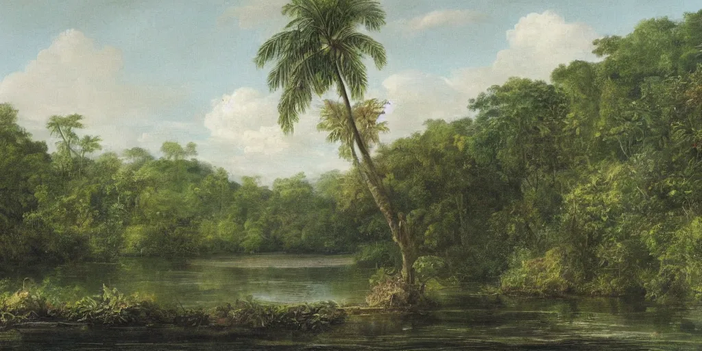 Image similar to painting of a river in the jungle with a small boat in the distance