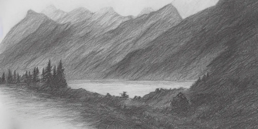 Image similar to A majestic landscape featuring a river, mountains and a forest. There is a group of armed soldiers smoking cigarettes and staring at the sunset. Cinematic, very beautiful, pencil drawing