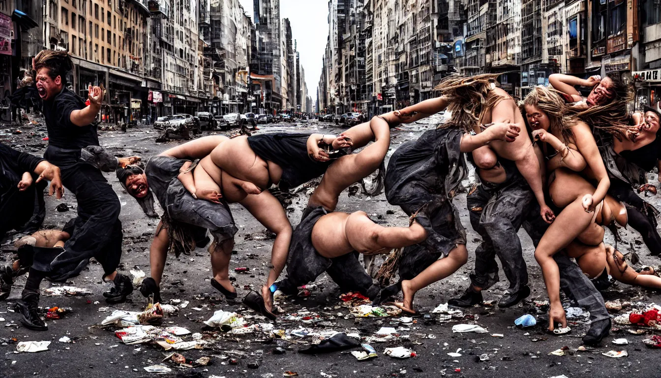 Prompt: in a dirty city street disheveled supermodels fight against laughing obese men in cheap suits, over piles half eaten rotting fast food, money thrown and floats in the air, hyper realistic photo, full colour, upscale, 8 k, masterpiece,