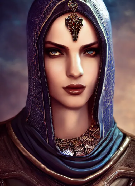 Image similar to Beautiful Arab girl, blue eyes, leather, portrait, fantasy, medieval, vivid colors, elegant, concept art, sharp focus, beautiful face, digital art, Hyper-realistic, 4K, Unreal Engine, Highly Detailed, HD, Dramatic Lighting by Brom, trending on Artstation