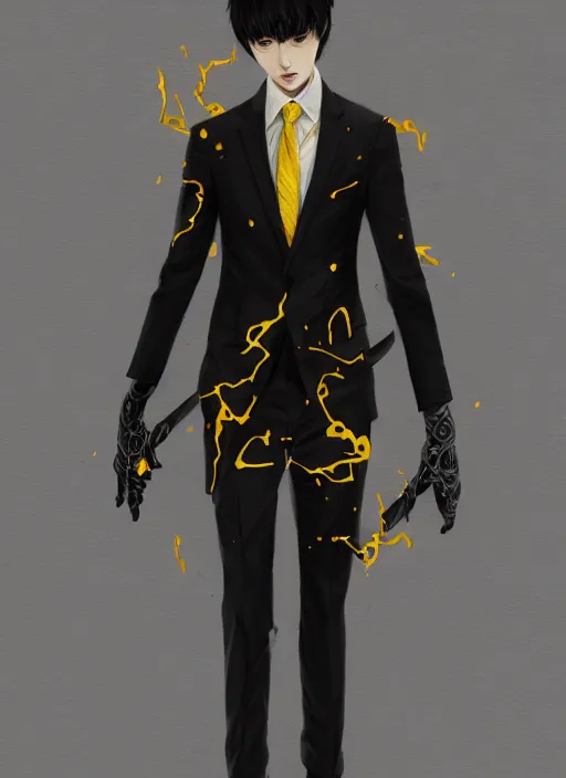 Prompt: a highly detailed illustration of kento yamazaki as pale skin hero wearing black suit and tie with coattails, yellow eyes, dramatic standing pose, intricate, elegant, highly detailed, centered, digital painting, artstation, concept art, smooth, sharp focus, league of legends concept art, wlop.