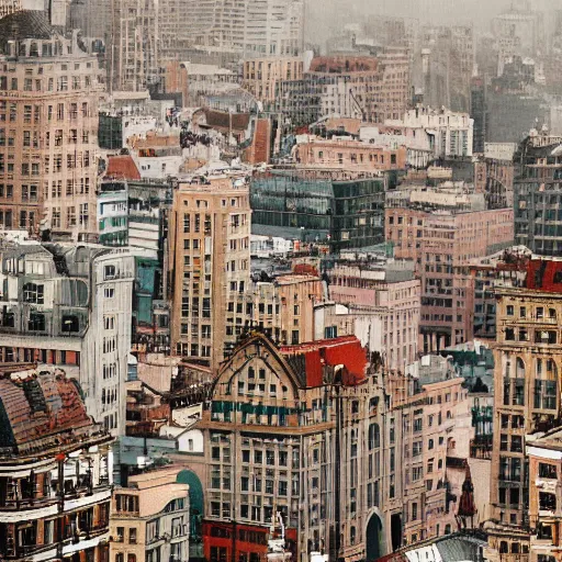 Image similar to Beautiful picture of an intricate very detailed cozy city on a cloudy day with tall buildings with small windows, high-quality photograph