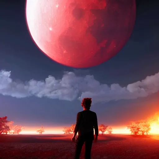 Image similar to gustavo cerati playing on the red moon, digital art, highly detailed, render unreal engine