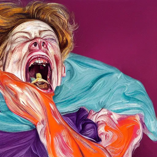 Image similar to high quality high detail painting of a female screaming by lucian freud and jenny saville and francis bacon, hd, anxiety, turquoise and orange and purple and pink and red