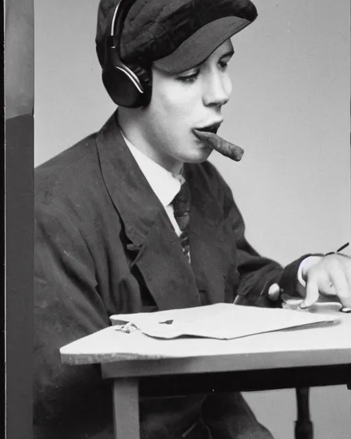 Image similar to a photo of a young man with a cigar on the mouth writing on the laptop while sitting on a chair, he has headphones and a red cap, wears a watch,