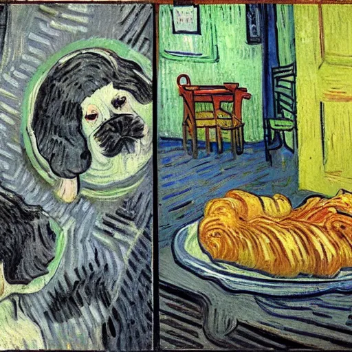 Prompt: dog eating croissants in paris, painted by van gogh