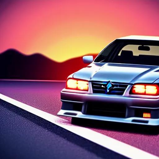 Image similar to a car drift spec toyota chaser in middle of road, gunma prefecture, city sunset night, cinematic color, photorealistic, highly detailed