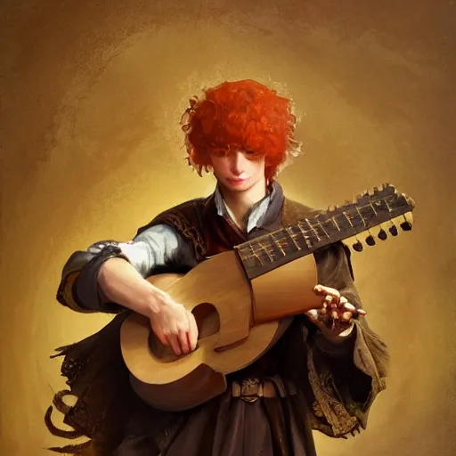 Prompt: portrait of a redhead young human male bard in a medieval tabern, playing the lute joyful, fantasy, highly detailed, digital painting, artstation, concept art, character art, art by greg rutkowski and tyler jacobson and alphonse mucha
