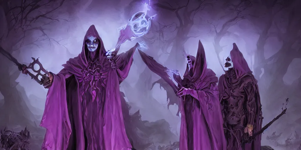 Prompt: cute purple cloaked lich summoning an undead army, epic fantasy illustration by Brom:5, cute:2, lich:-1