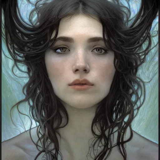 Image similar to A young woman with black and white colored long hair and bangs in shorts and white shirt drawn by Donato Giancola Adam Hughes and Jon Foster, frank frazetta, alphonse mucha, background by James Jean and gustav klimt, 4k, volumetric lighting, french nouveau, trending on artstation, octane render, hyperrealistic