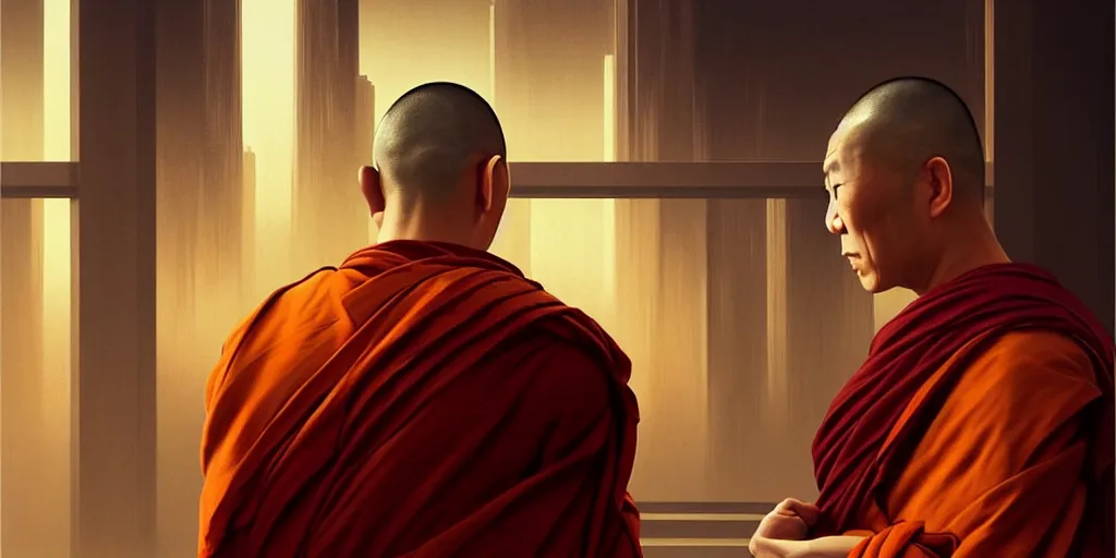 Prompt: Ultra realistic illustration, buddhist monk looking at himself in the mirror, cyberpunk, sci-fi, fantasy, intricate, elegant, highly detailed, digital painting, artstation, concept art, smooth, sharp focus, illustration art in the style of artgerm, by greg rutkowski, by albrecht durer,