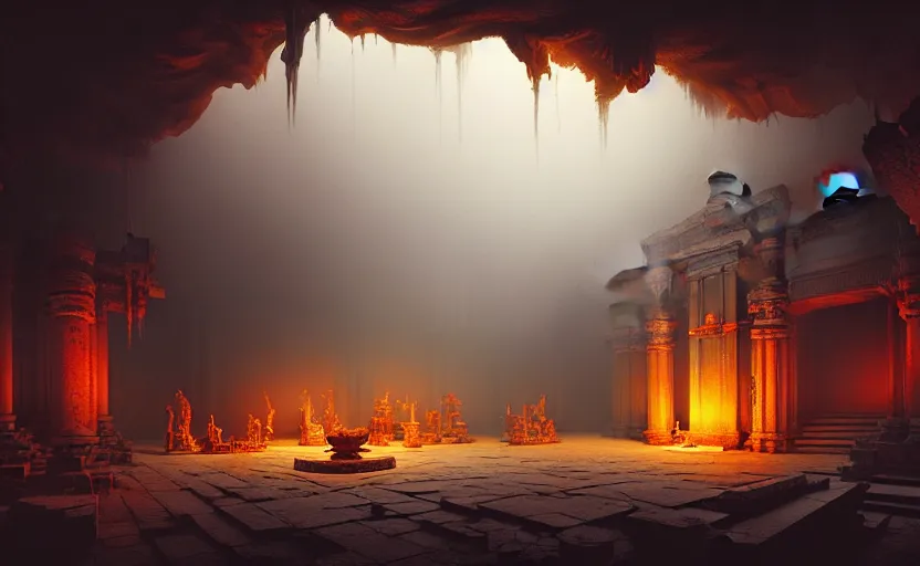 Prompt: The interior of an mytical and ancient temple dragons in ruins, fire light, atmospheric lighting, fog, mysterious, arem, intricate, elegant, volumetric lighting, digital painting, highly detailed, artstation, sharp focus, illustration, concept art, ruan jia, steve mccurry