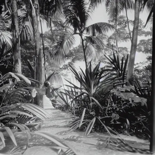 Image similar to a rizom lost film footage of a ( ( ( ( ( ( ( ( 3 d shape ) ) ) ) ) ) ) ) in the middle of the tropical jungle / tropicalism / tropicalism / tropicalism / film still / cinematic / enhanced / 1 9 2 0 s / black and white / grain