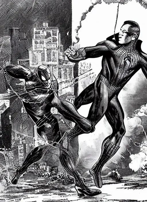 Prompt: old photo of Spiderman fighting in the Civil War