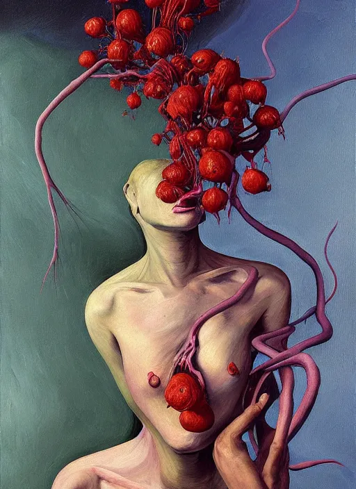 Prompt: Oil painting - She Eats of the Strangling Fruit and Her gossamer polyp blossoms bring iridescent fungal flowers whose spores black the foolish stars by Lucian Freud, and Mariusz Lewandowski, Abstract brush strokes, Masterpiece, Edward Hopper and James Gilleard, Zdzislaw Beksinski, Mark Ryden, Wolfgang Lettl, hyper detailed, hints of Yayoi Kasuma