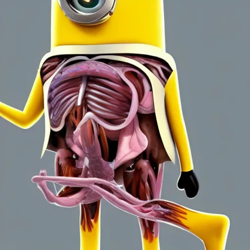 Prompt: A detailed biological anatomy of a minion, photorealistic, textbook, scientific