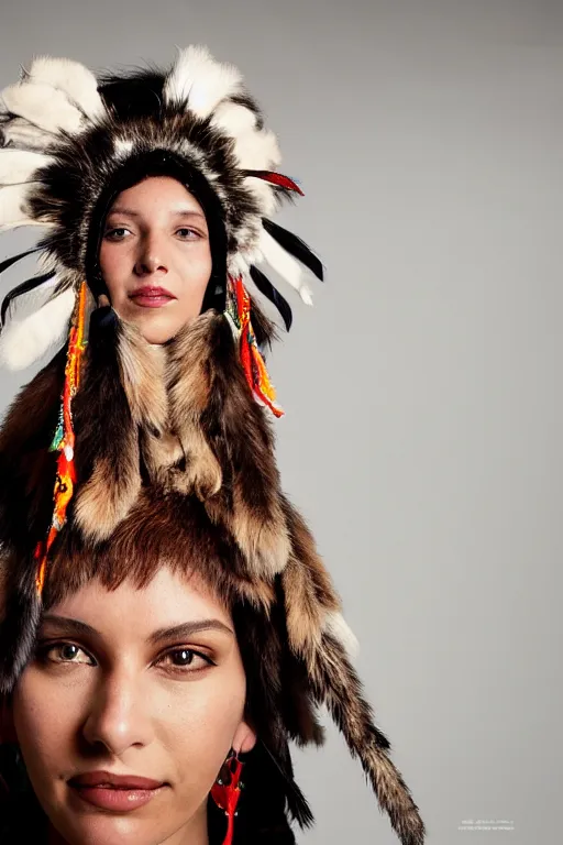 Image similar to a woman in a buffalo headdress wearing fur, cosplay, photoshoot, studio lighting, photograph by Bruce Weber