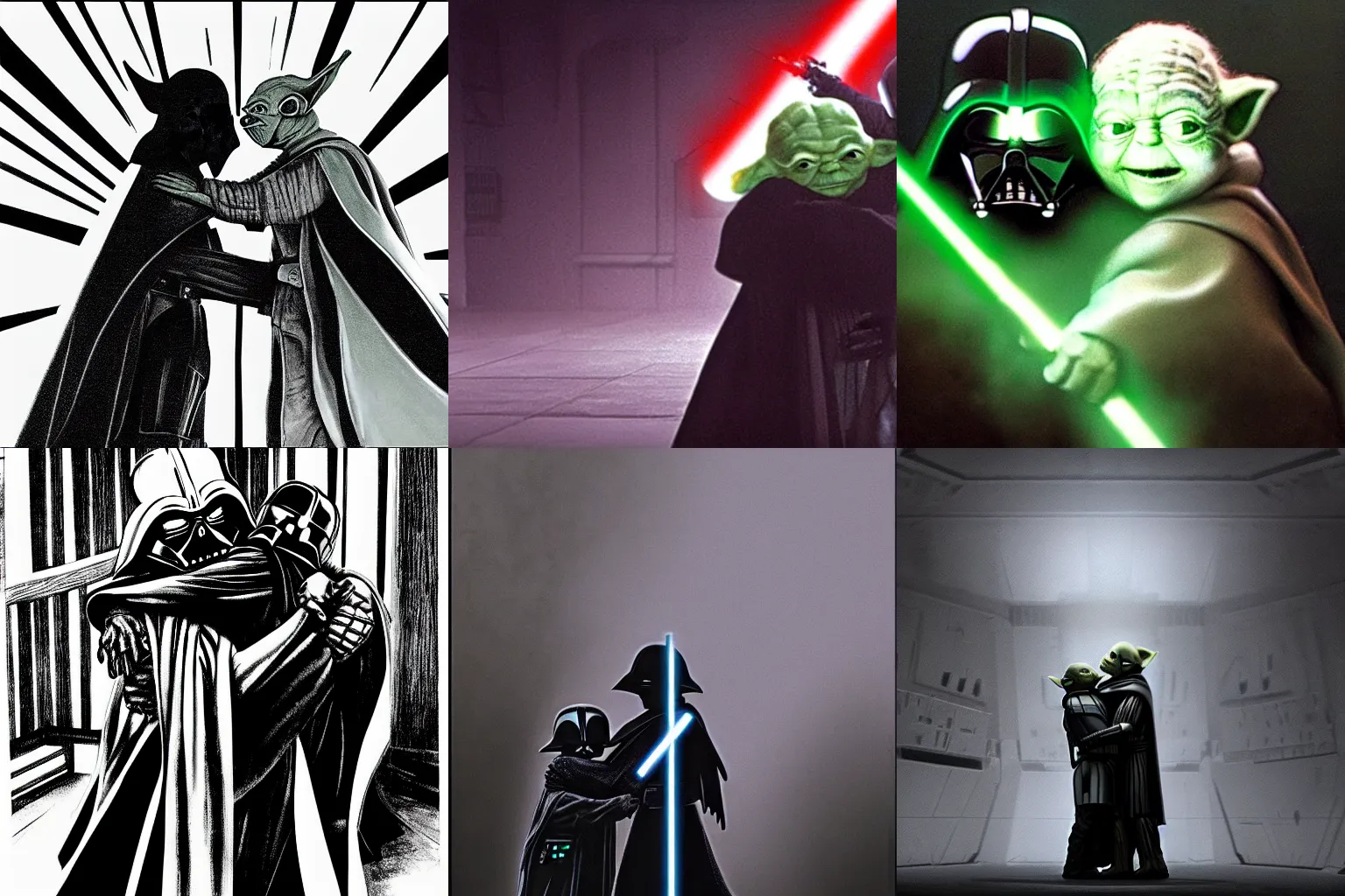 Prompt: Darth vader and yoda hugging each other in a dark room full of stormtroopers