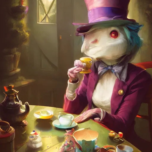 Image similar to female mad hatter sitting at tea table, by Jordan Grimmer and greg rutkowski, crisp lines and color,