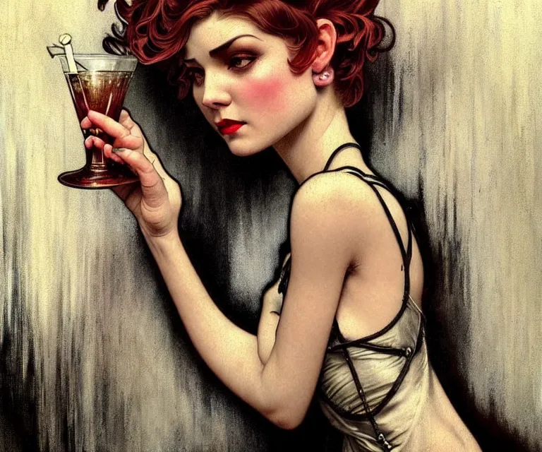 Prompt: character portrait of young woman as a beautiful barmaid, pixie cut with shaved side hair, gloomy dark speakeasy, dystopian 1920s soviet mood, intricate, wild, highly detailed, digital painting, artstation, concept art, smooth, sharp focus, illustration, art by artgerm and greg rutkowski and alphonse mucha, vibrant deep colors, 🍸, 8k octane beautifully detailed render, post-processing, extremely hyperdetailed, Art Nouveau, masterpiece